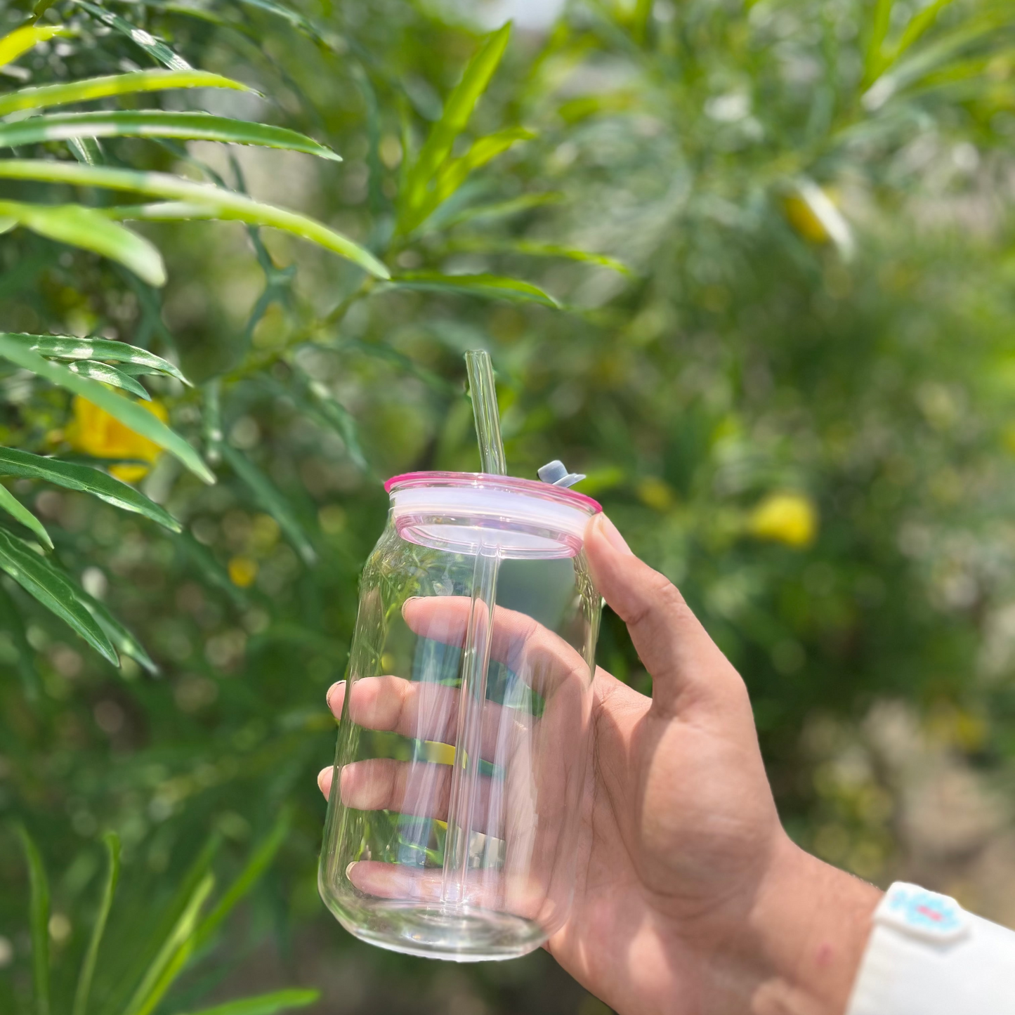 Glass Mason Jar with Pink Lid & Straw