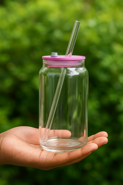 Glass Mason Jar with Pink Lid & Straw